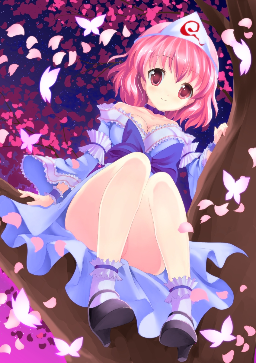 breasts bug butterfly cherry_blossoms choker cleavage high_heels highres insect japanese_clothes medium_breasts mist1129 no_hat no_headwear petals pink_eyes pink_hair saigyouji_yuyuko sash shoes short_hair sitting smile solo touhou tree triangular_headpiece wide_sleeves