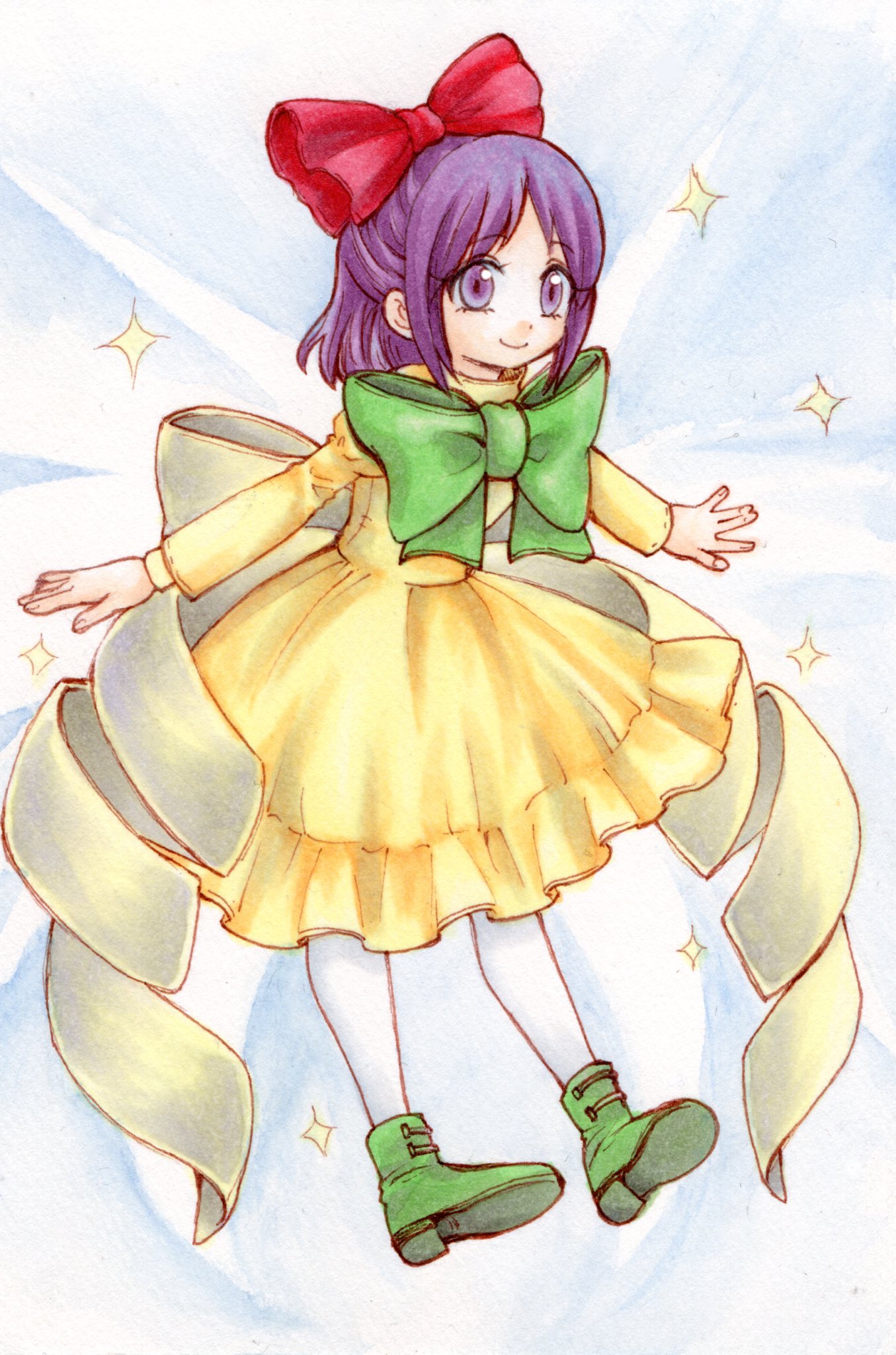 1girl bow dress dress_bow fairy fairy_wings full_body green_bow green_footwear hair_bow highres io_(maryann_blue) long_sleeves looking_at_viewer pantyhose purple_eyes purple_hair red_bow rengeteki short_hair smile solo sparkle touhou touhou_(pc-98) white_legwear white_wings wings yellow_bow yellow_dress