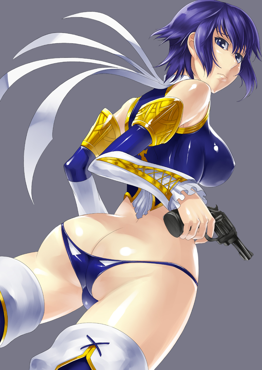 ass bare_shoulders blue_eyes blue_hair blush boots breasts butt_crack detached_sleeves gun handgun highres ippo large_breasts looking_at_viewer looking_back persona persona_4 revolver shirogane_naoto short_hair solo weapon