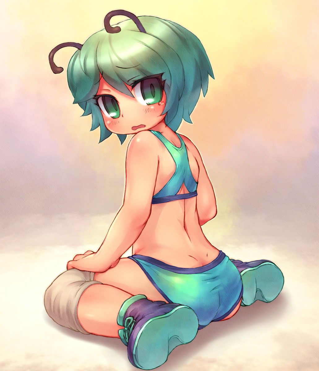 antennae ass back bare_back blush boots borrowed_design dimples_of_venus from_behind green_eyes green_hair highres knee_pads looking_at_viewer looking_back sankuma short_hair sitting solo tears touhou wariza wrestling_outfit wriggle_nightbug
