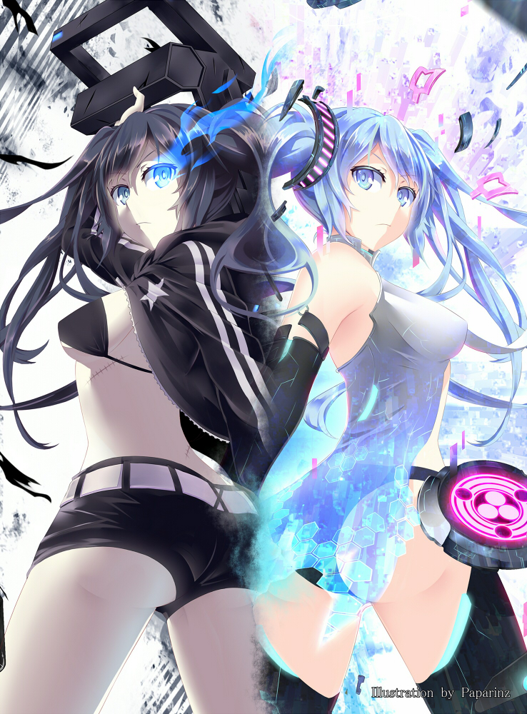 alternate_breast_size aqua_hair arm_up artist_name bad_id bad_pixiv_id bare_shoulders bikini_top black_hair black_legwear black_rock_shooter black_rock_shooter_(character) blue_eyes breasts burning_eye crossover glowing glowing_eye hatsune_miku holding long_hair medium_breasts multiple_girls shorts star thighhighs twintails very_long_hair vocaloid zeroshiki_kouichi zipper