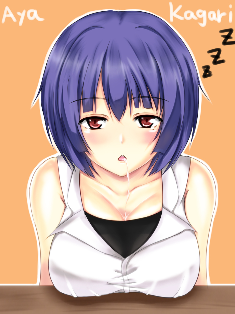 bare_shoulders blue_hair breast_rest breasts chestnut_mouth collarbone drooling large_breasts mole mole_under_eye original outline reisuou short_hair solo upper_body zzz