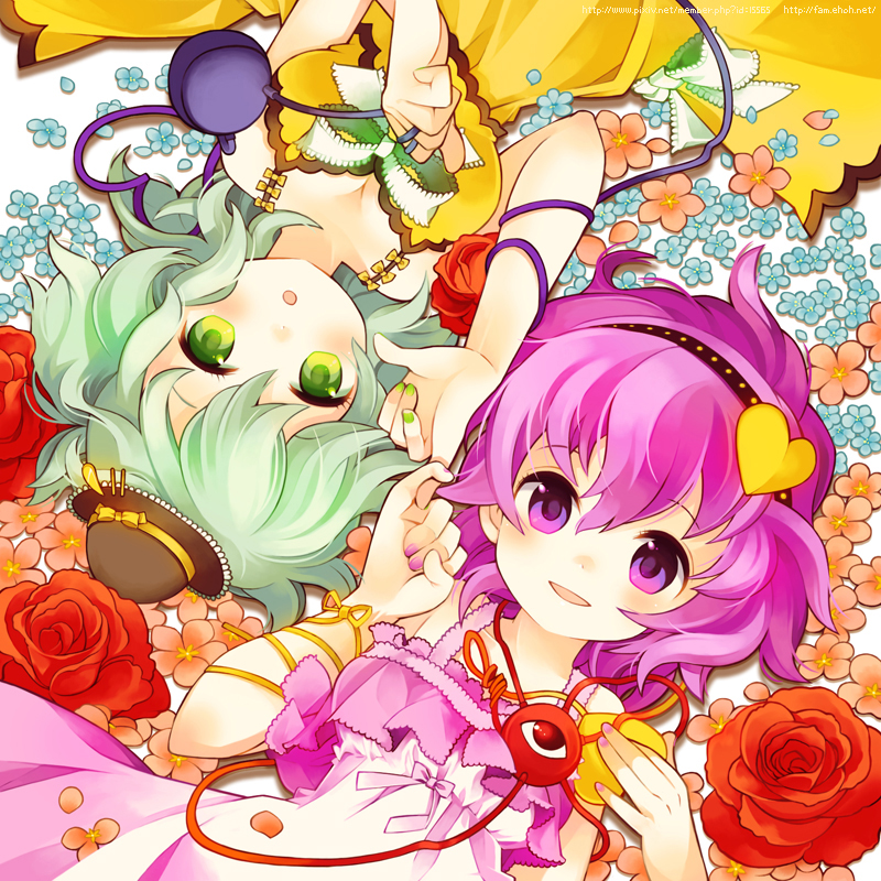 flower green_eyes green_hair hairband hat hat_ribbon heart komeiji_koishi komeiji_satori lying multiple_girls nigo pink_eyes pink_hair ribbon short_hair siblings sisters smile third_eye touhou