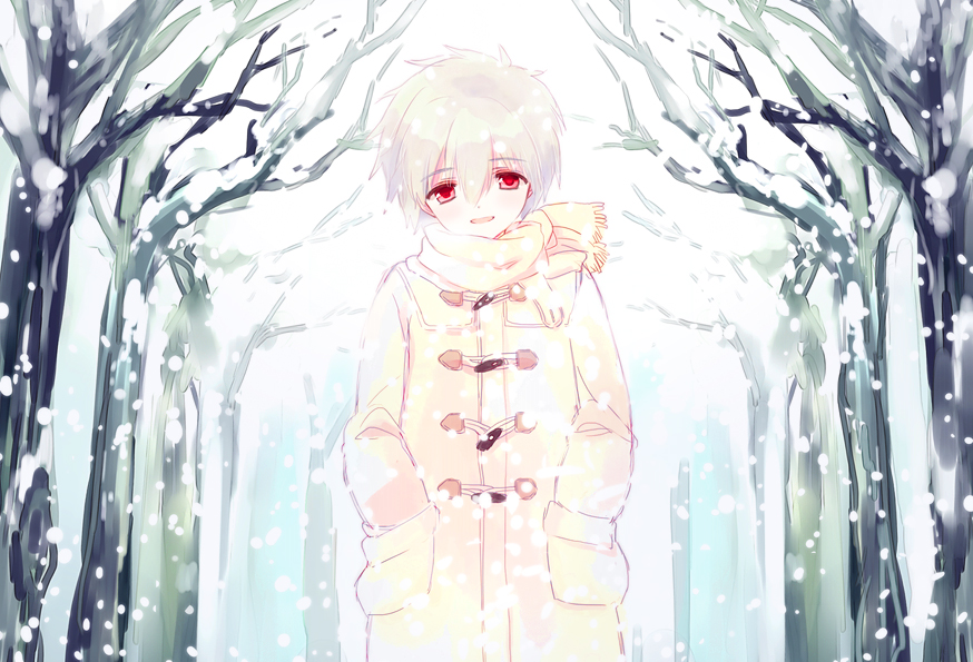 coat male_focus nagisa_kaworu neon_genesis_evangelion red_eyes smile snow solo wanono white_hair winter_clothes winter_coat