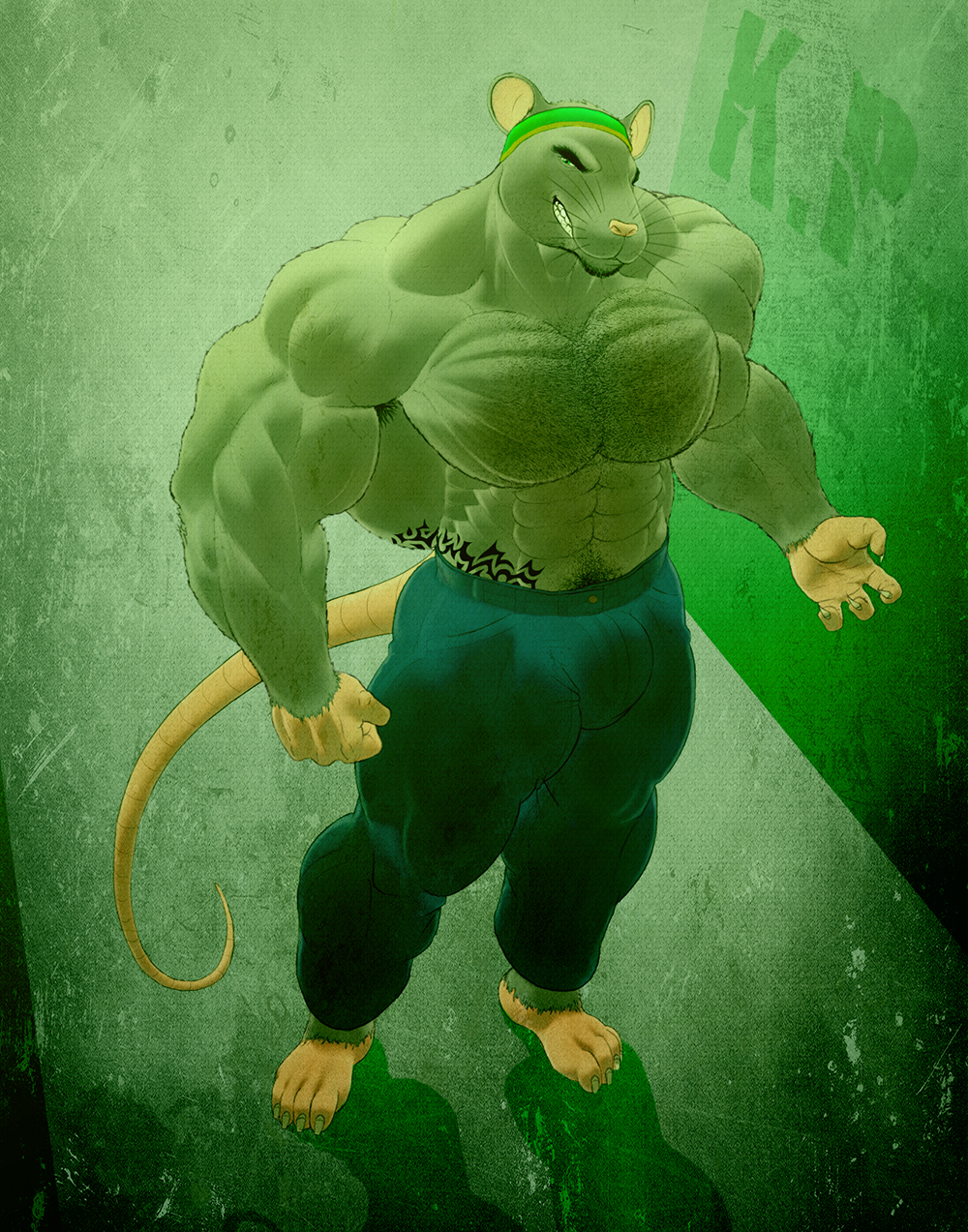 anthro beard biceps bulge claws clothed clothing facial_hair fur grin half-dressed headband jeans looking_at_viewer male mammal muscles pants pecs pose rat ripped-saurian rodent smile solo standing tattoo toe_claws topless trousers vein