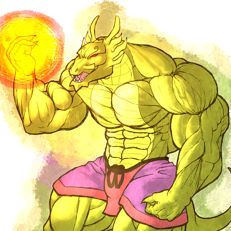 anthro biceps big_muscles bulge clothed clothing demon dragon evil fangs fantasy fire green_dragon half-dressed hyper hyper_muscles jackie_chan_adventures magic male muscles open_mouth pecs pose red_eyes ripped-saurian scales scalie shendu shorts solo standing tongue topless
