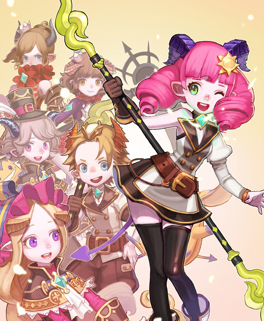 4girls alter_(ro2) brown_hair crecentia curly_hair demon demon_girl green_eyes horns laughing multiple_boys multiple_girls myung-jin_lee noel official_art one_eye_closed pink_hair ragnarok_online_2:_legend_of_the_second soul_maker staff tail thighhighs warrior weapon