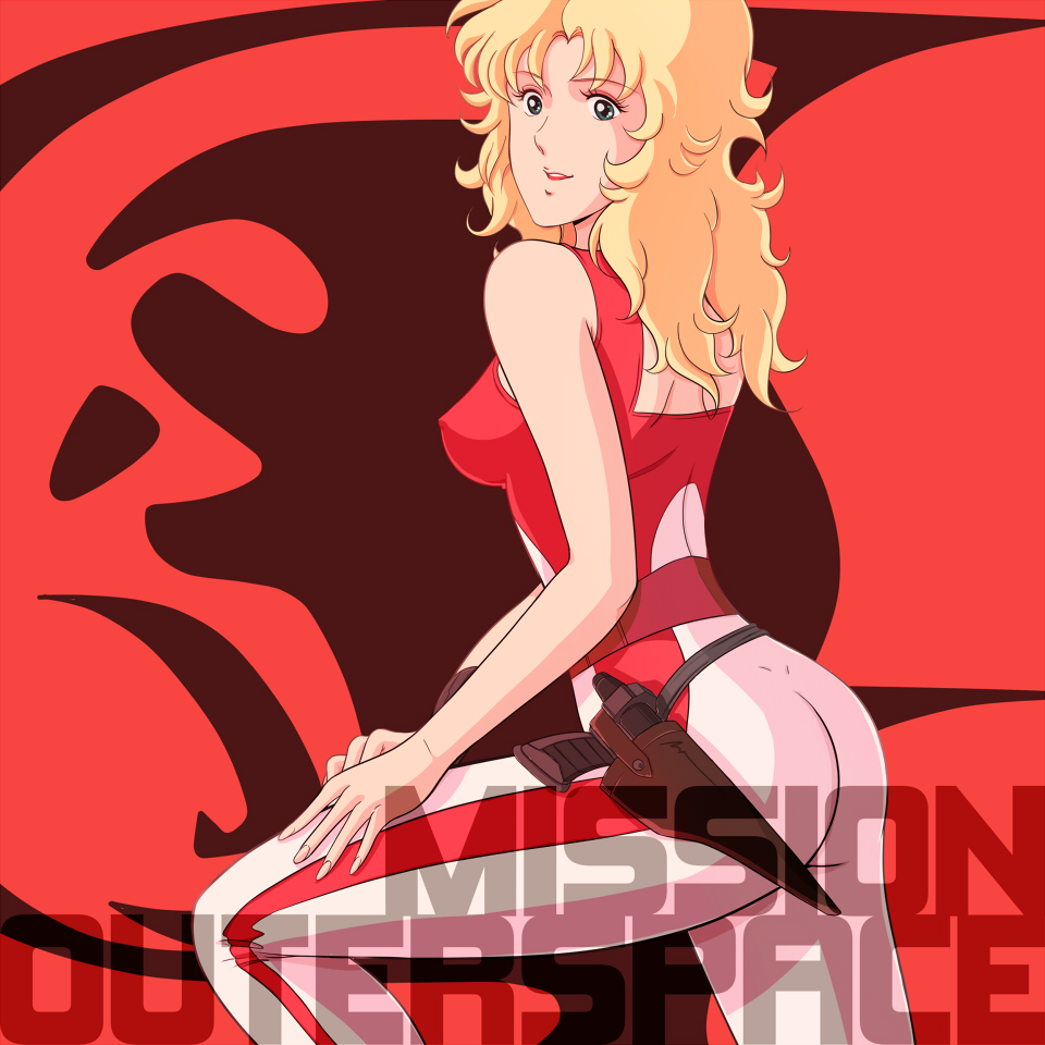 80s akuu_daisakusen_srungle ass bad_id bad_pixiv_id blonde_hair blue_eyes bodysuit breasts butt_crack covered_nipples emblem energy_gun holster impossible_clothes logo long_hair medium_breasts mission_outer_space_srungle oldschool perky_breasts ray_gun science_fiction sexy_(srungle) solo waeba_yuusee weapon