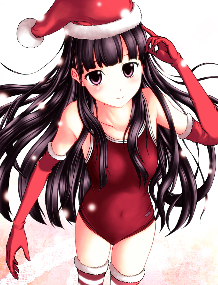 black_hair competition_school_swimsuit elbow_gloves gloves hat long_hair looking_at_viewer neuron_(exceed) one-piece_swimsuit original red_eyes red_swimsuit santa_hat school_swimsuit solo striped striped_legwear swimsuit thighhighs