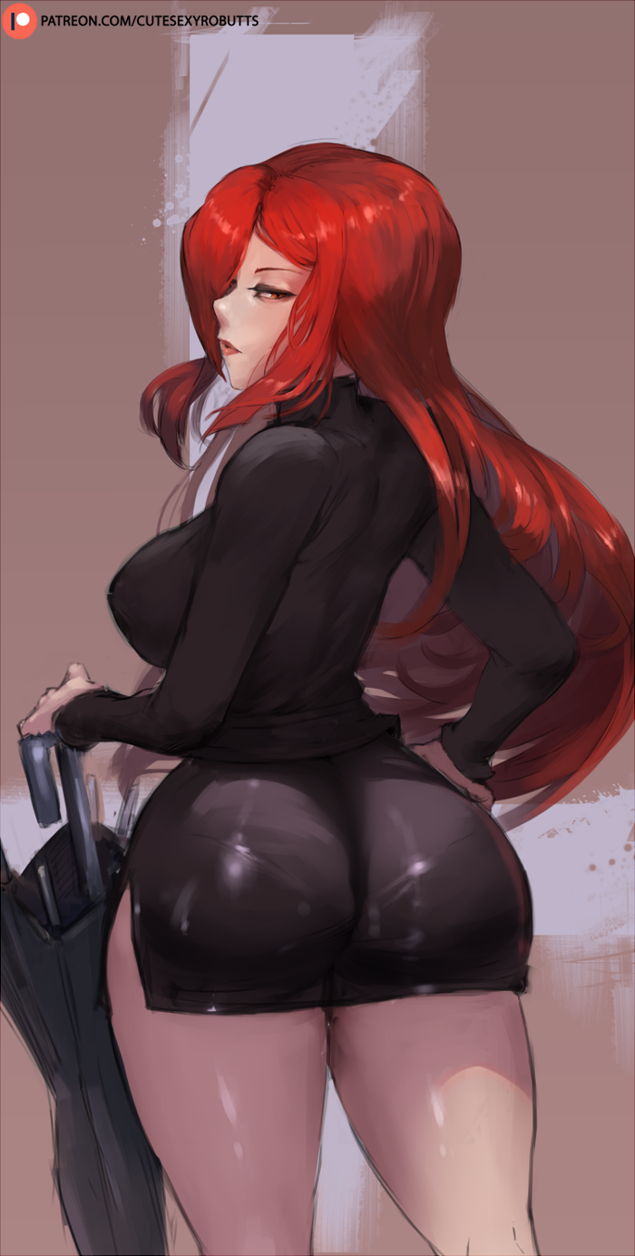 ass black_dress breasts curvy cutesexyrobutts dress hand_on_hip highres hips huge_ass large_breasts long_hair looking_at_viewer looking_back parasol parasoul_(skullgirls) red_eyes red_hair skullgirls solo standing thick_thighs thighs umbrella wide_hips
