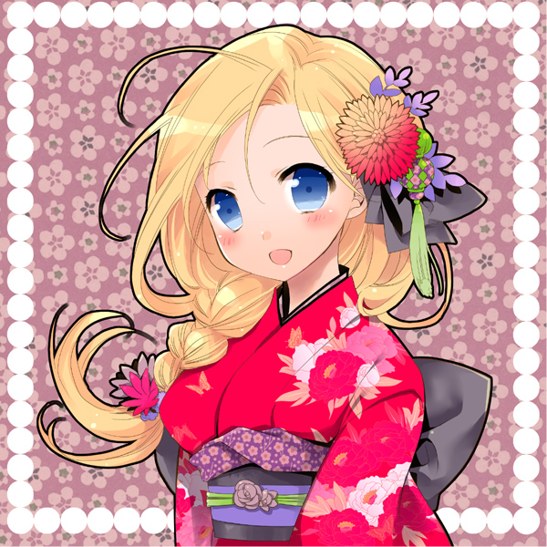 :d bianca blonde_hair blue_eyes blush braid dragon_quest dragon_quest_v flower hair_flower hair_ornament hair_over_shoulder japanese_clothes kimono kotoji long_hair looking_at_viewer open_mouth outline single_braid smile solo