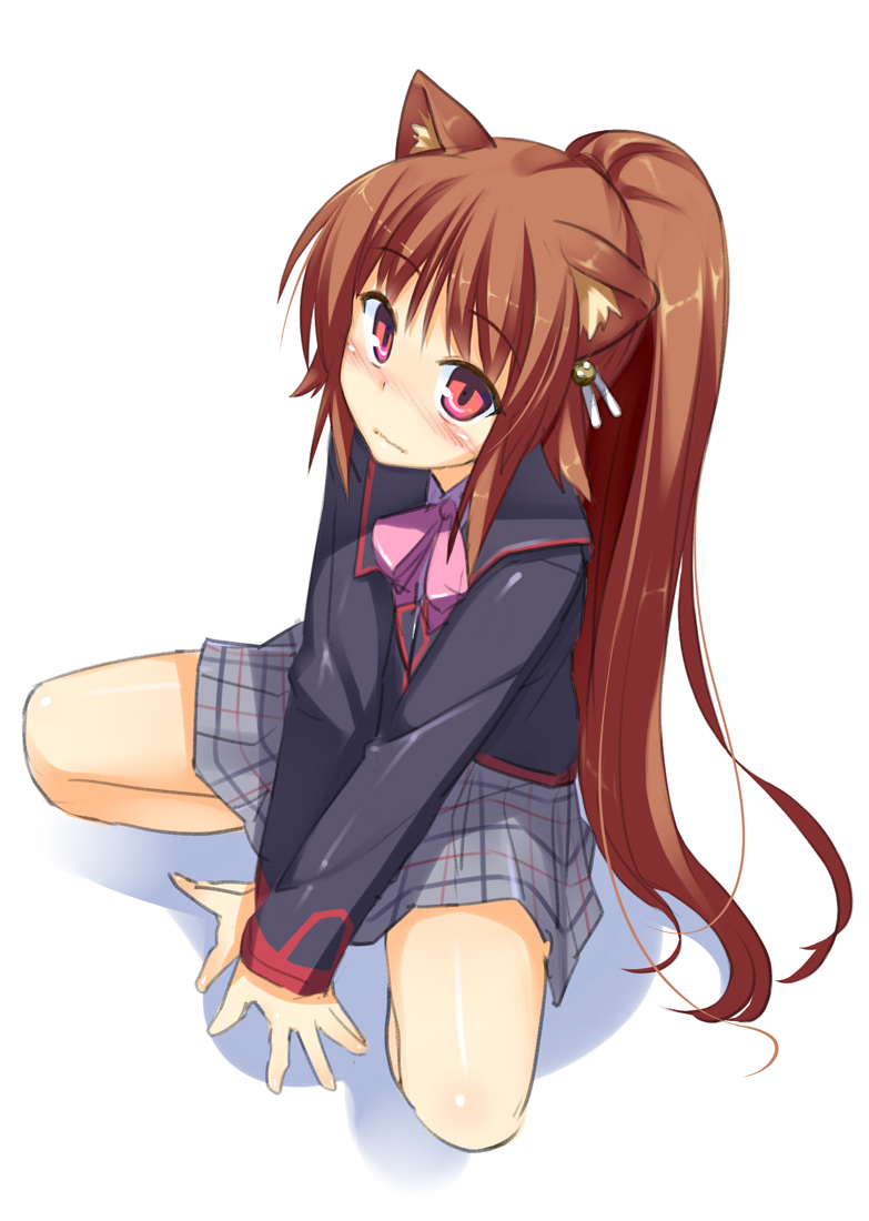 animal_ears blush bow brown_hair cat_ears hair_bobbles hair_ornament little_busters! long_hair natsume_rin pink_bow pink_eyes racer_(magnet) school_uniform skirt solo squatting