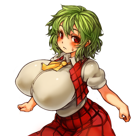 belly breasts green_hair huge_breasts kazami_yuuka looking_at_viewer perky_breasts plaid plaid_vest plump red_eyes sachito skirt solo touhou vest