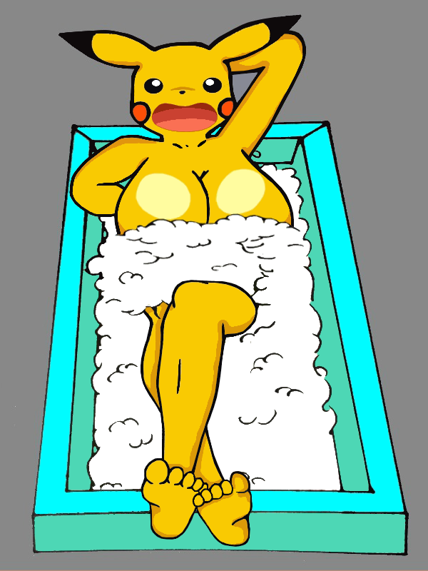 5_toes animal_ears anthro anthrofied bath bathroom bathtub big_breasts breasts covering covering_breasts crossed_legs female foam foot_focus human_feet invalid_tag looking_at_viewer nintendo open_mouth paws pikachu plain_background pok&#233;mon pok&#233;morph pok&eacute;mon scared soles solo toes video_games water