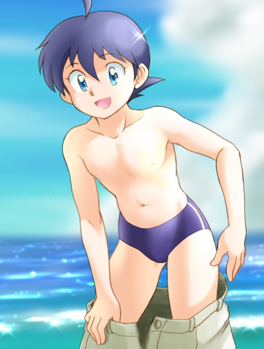 blue_eyes blue_hair ebi-rom hinata_fuyuki keroro_gunsou male_focus male_swimwear solo swim_briefs swimwear undressing