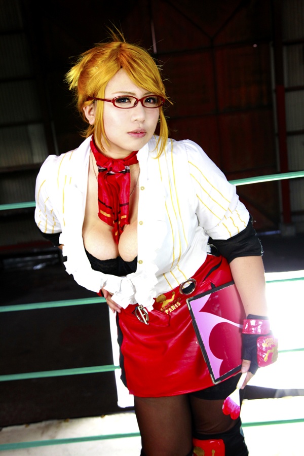 1girl asian blonde_hair blue_eyes boxing_ring breasts chouzuki_maryou cleavage cosplay fingerless_gloves glasses gloves large_breasts mistress_spencer mistress_spencer_(cosplay) photo rumble_roses rumble_roses_xx solo