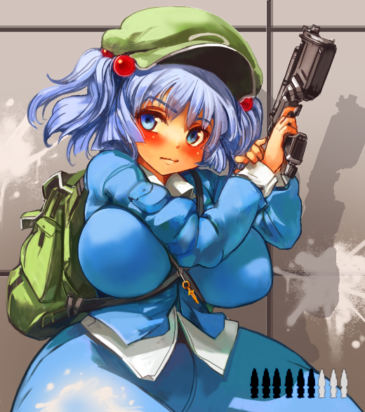 backpack bag blue_eyes blue_hair breasts finger_on_trigger gun hair_bobbles hair_ornament holding holding_gun holding_weapon huge_breasts kawashiro_nitori key sachito solo touhou two_side_up weapon wide_hips