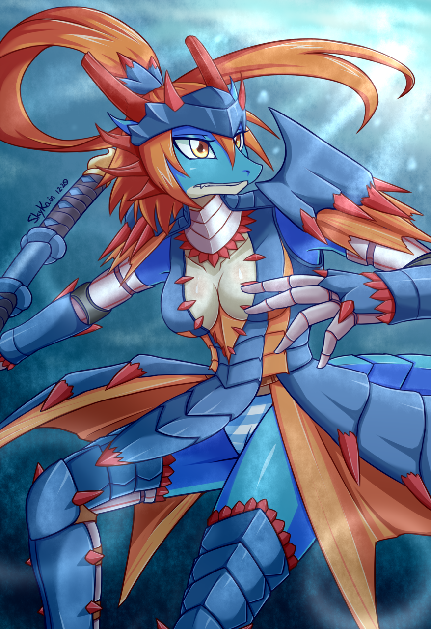 amber_eyes anthro armor breasts cleavage clothed clothing dragon female hair lagiacrus monster_hunter panties scalie skimpy skykain solo striped_panties underwear video_games weapon