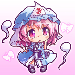 blue_dress bug butterfly chibi dress game_console ghost gradient gradient_background hand_on_own_cheek hat insect long_sleeves lowres open_mouth pink_eyes pink_hair ryogo saigyouji_yuyuko sash sega_dreamcast short_hair solo touhou triangular_headpiece veil wide_sleeves