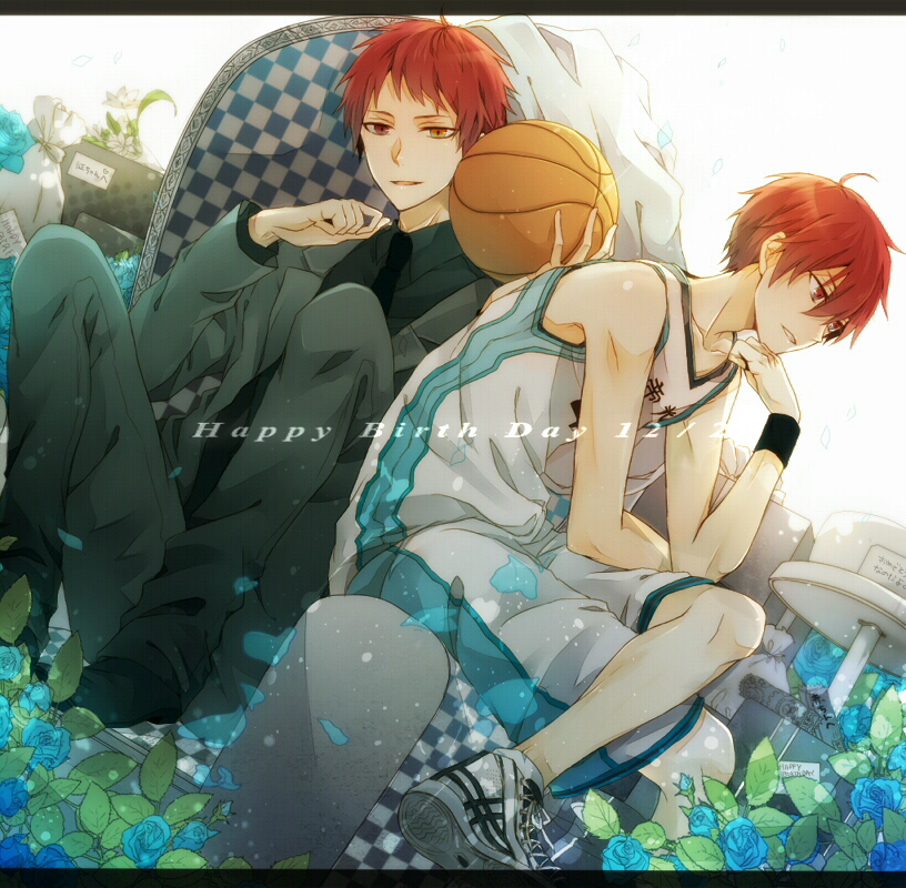 akashi_seijuurou basketball basketball_uniform birthday blue_flower blue_rose checkered chin_rest chr_(chrs12) crossed_legs dated dual_persona flower formal gift happy_birthday heterochromia kuroko_no_basuke male_focus multiple_boys necktie red_eyes red_hair rose shoes sitting sneakers sportswear suit sweatband wristband yellow_eyes