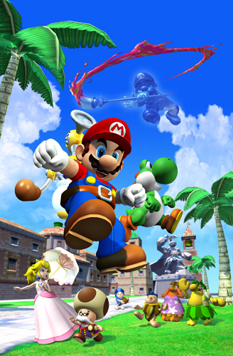 f.l.u.d.d. facial_hair hat lowres mario mario_(series) mustache nintendo noki_(mario) official_art overalls palm_tree pianta princess_peach shadow_mario super_mario_bros. super_mario_sunshine toadsworth tree yoshi