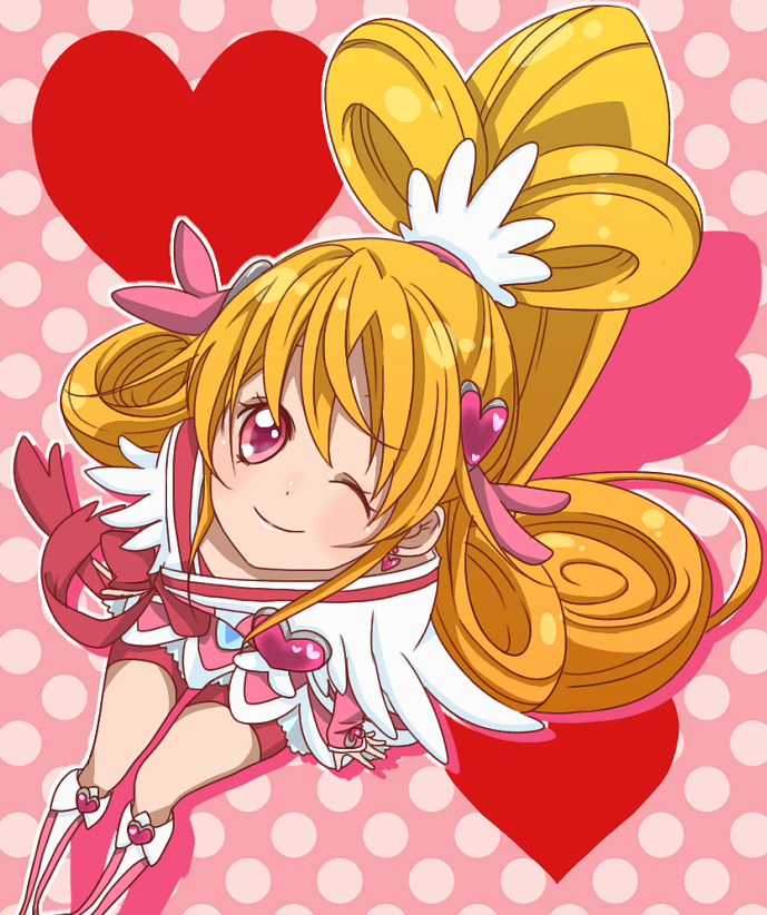 8041mm aida_mana bike_shorts blonde_hair boots bow cure_heart dokidoki!_precure from_above hair_bun hair_ornament half_updo heart heart_hair_ornament knee_boots long_hair magical_girl one_eye_closed perspective pink_background pink_bow pink_eyes pink_footwear polka_dot polka_dot_background precure shorts shorts_under_skirt sitting skirt smile solo