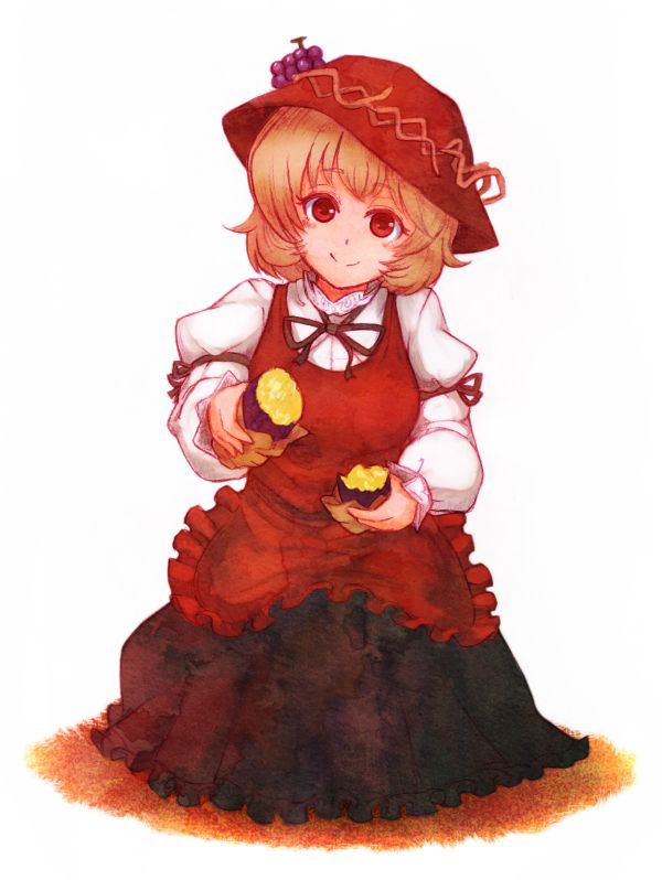 aki_minoriko blonde_hair blush colored_pencil_(medium) dress food fruit giving grapes hat holding looking_at_viewer outstretched_arm red_eyes short_hair sitting smile solo sweet_potato terrajin touhou traditional_media