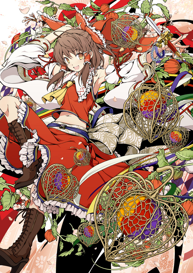 :d aka_ringo arm_up armpits ascot boots bow bracelet brown_eyes brown_hair chinese_lantern_(plant) dagger detached_sleeves hair_bow hair_tubes hakurei_reimu jewelry knee_boots leaf leg_up long_hair looking_at_viewer midriff navel open_mouth outstretched_arm outstretched_arms petals plant skirt smile solo spread_arms touhou vines weapon
