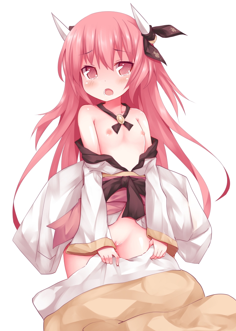 bad_id bad_pixiv_id bare_shoulders blush breasts date_a_live hair_ornament horns itsuka_kotori long_hair nipples open_clothes open_mouth pink_eyes pink_hair pussy shirt_pull small_breasts solo zen_o