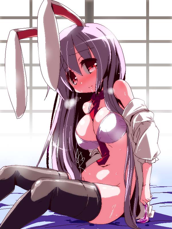 animal_ears between_breasts black_legwear blush bottomless bra breasts bunny_ears cleavage condom large_breasts long_hair miuku_(marine_sapphire) necktie off_shoulder open_clothes open_shirt purple_hair red_eyes red_neckwear reisen_udongein_inaba saliva shirt sitting solo sweat thighhighs touhou underwear undressing used_condom