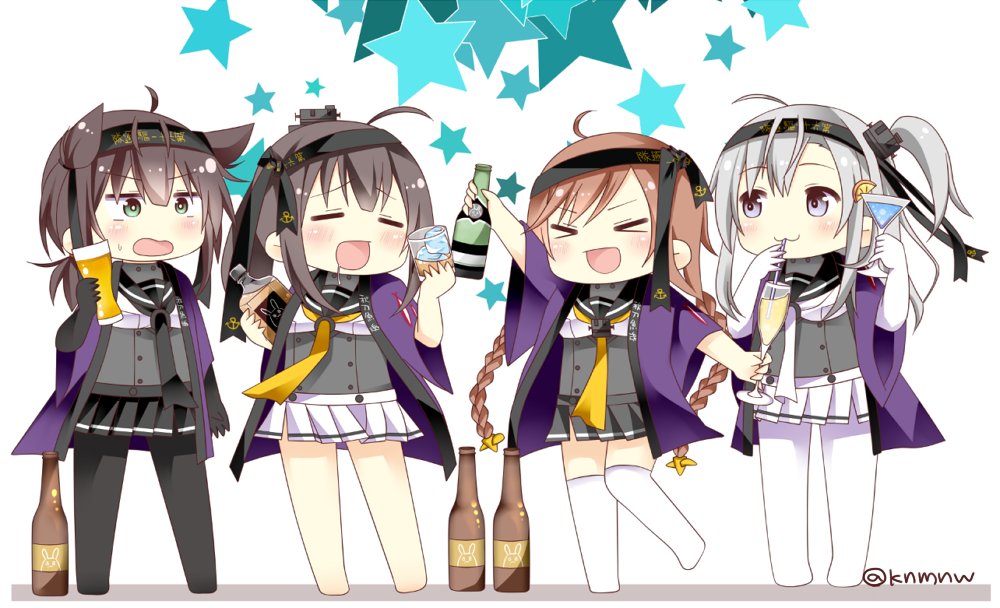 &gt;_&lt; ahoge akizuki_(kantai_collection) alcohol bare_legs barefoot beer beer_bottle black_bodysuit black_hair black_headband black_legwear black_neckwear black_sailor_collar black_skirt bodysuit bottle braid brown_hair buttons chibi closed_eyes closed_mouth clothes_writing commentary_request cup drinking_glass drinking_straw drooling green_eyes grey_eyes hachimaki hair_between_eyes hair_flaps hair_ornament happi hatsuzuki_(kantai_collection) headband holding holding_bottle holding_cup ice ice_cube japanese_clothes kantai_collection knmnw light_brown_hair long_hair miniskirt multiple_girls neckerchief one_side_up open_mouth pantyhose pleated_skirt ponytail propeller_hair_ornament sailor_collar school_uniform serafuku short_hair silver_hair simple_background skirt star suzutsuki_(kantai_collection) sweatdrop teruzuki_(kantai_collection) thighhighs twin_braids twitter_username white_bodysuit white_legwear white_neckwear white_skirt yellow_neckwear