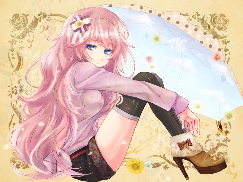 black_legwear blue_eyes hair_ornament high_heels long_hair looking_at_viewer megurine_luka mikipa pink_hair shoes sitting solo thighhighs vocaloid