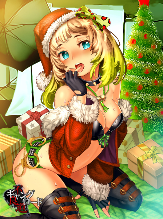 banned_artist blonde_hair blue_eyes blush boots breasts christmas_tree copyright_name cuffs fingerless_gloves furyou_michi_~gang_road~ gift gloves handcuffs looking_at_viewer medium_breasts short_shorts shorts solo star thigh_boots thighhighs tongue xil