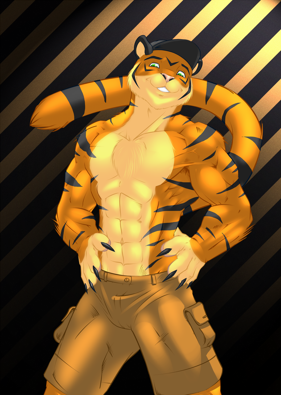 anthro biceps big_muscles clothed clothing feline fur half-dressed male mammal muscles nipples orange_fur pants pecs pose solo standing tenebear tiger topless