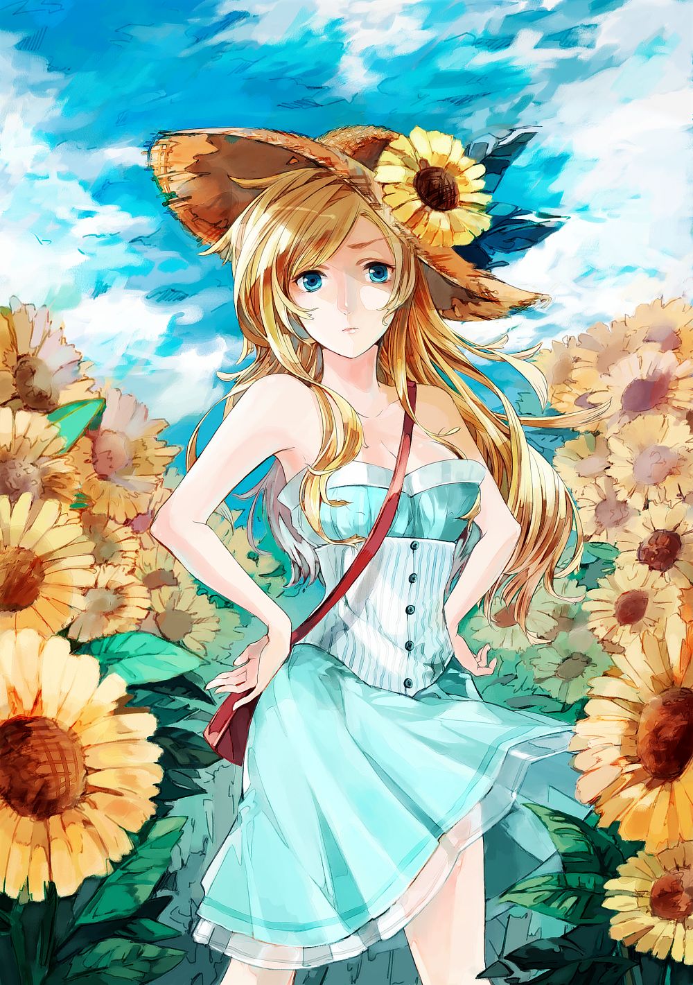 bare_shoulders blonde_hair blue_eyes boku_wa_tomodachi_ga_sukunai cloud collarbone day dress flower futami_jun hands_on_hips hat hat_flower highres kashiwazaki_sena long_hair looking_at_viewer sky solo sunflower wind