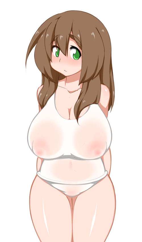 areolae bad_id bad_pixiv_id bare_shoulders breasts brown_hair curvy green_eyes huge_breasts kaz_(shade) large_areolae long_hair makihara_nodoka navel nipples no_bra original panties puffy_nipples see-through shirt simple_background solo standing thighs underwear white_background white_panties