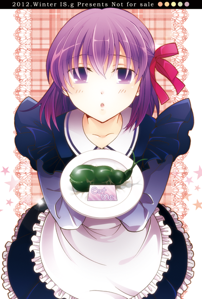 alternate_costume apron bad_id bad_pixiv_id blush child crest_worm empty_eyes enmaided fate/zero fate_(series) hair_ribbon ichinasu maid matou_sakura purple_eyes purple_hair ribbon short_hair solo worms younger