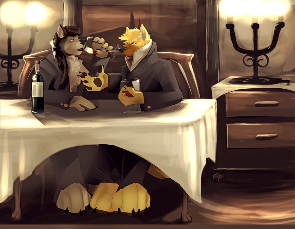 beverage black_nose blonde_hair bottle brown_hair candle canine claws clothing duo fur glass grey_fur hair male mammal night no_swift open_mouth pawpads popped_collar sitting wine wine_glass wolf yellow_fur
