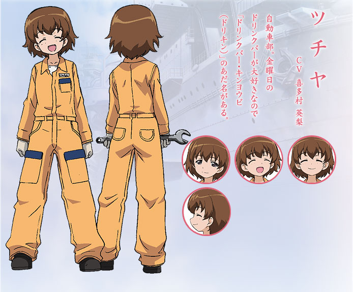 ^_^ brown_eyes brown_footwear brown_hair character_sheet closed_eyes concept_art expressions freckles girls_und_panzer gloves holding jumpsuit long_sleeves mechanic multiple_views official_art open_mouth shirt shoes short_hair smile standing sugimoto_isao tsuchiya_(girls_und_panzer) white_gloves white_shirt wrench