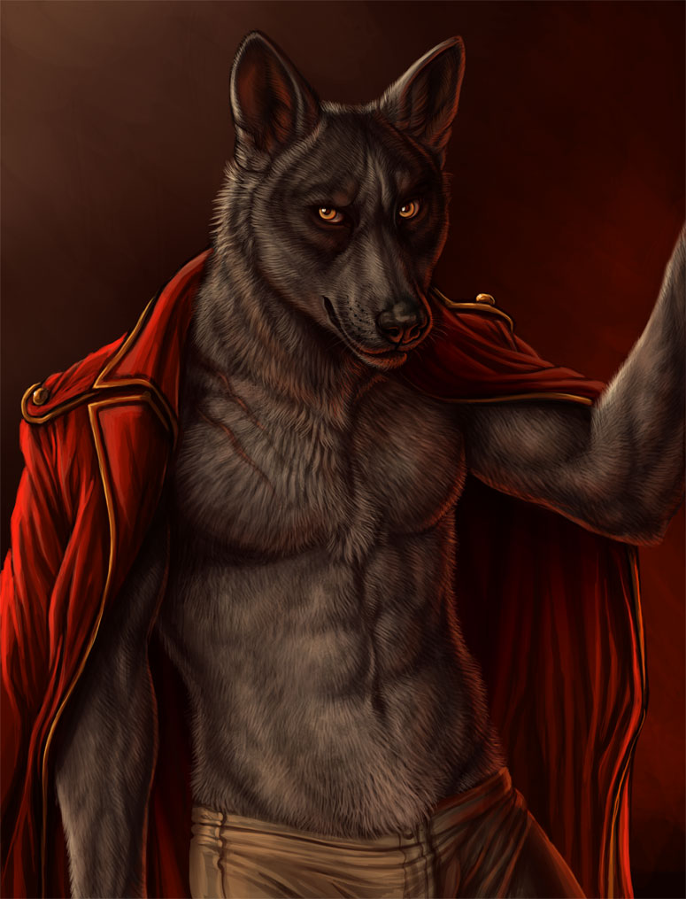 anthro biceps black_nose canine clothing fur gay grey_fur invalid_color invalid_tag jacket luther male mammal muscles open_shirt pants pecs pose rukis scar shirt solo standing wolf yellow_eyes yellow_eys