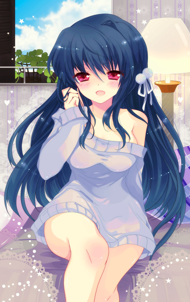 :d blush ichiyou_moka lamp long_hair looking_at_viewer off_shoulder open_mouth original red_eyes sitting smile solo sparkle sweater