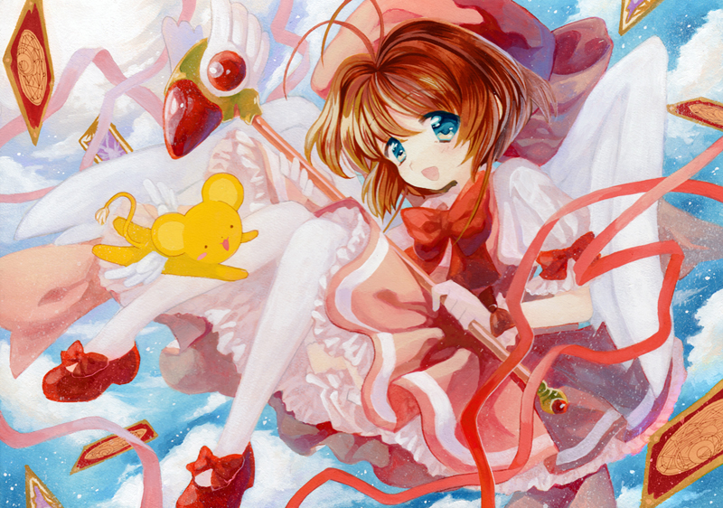 :d acrylic_paint_(medium) antenna_hair bird_wings bow brown_hair card cardcaptor_sakura clow_card dress frills fuuin_no_tsue glove_bow gloves green_eyes hat holding kero kinomoto_sakura looking_at_viewer open_mouth pink_hat pink_ribbon puffy_short_sleeves puffy_sleeves red_bow red_footwear ribbon shoe_bow shoes short_hair short_sleeves sky smile staff thighhighs traditional_media wand white_gloves white_wings wings yutsuka_(amyucca)