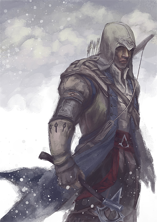 america assassin's_creed_(series) assassin's_creed_iii bow_(weapon) coat connor_kenway gloves hood male_focus quiver snow solo sunsetagain tomahawk vambraces weapon