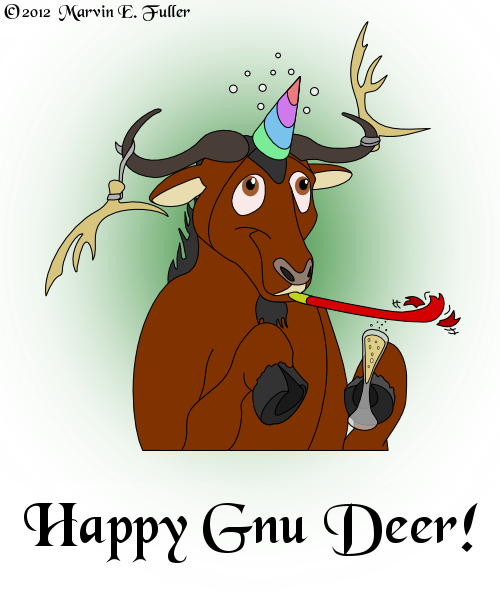 alcohol ambiguous_gender antelope antlers beverage brown_eyes champagne cybercorn_entropic english_text fwee_tongue_thingy glass gnu hat holidays hooves horn humor new_year noisemaker party_hat party_horn pun tape text wildebeest