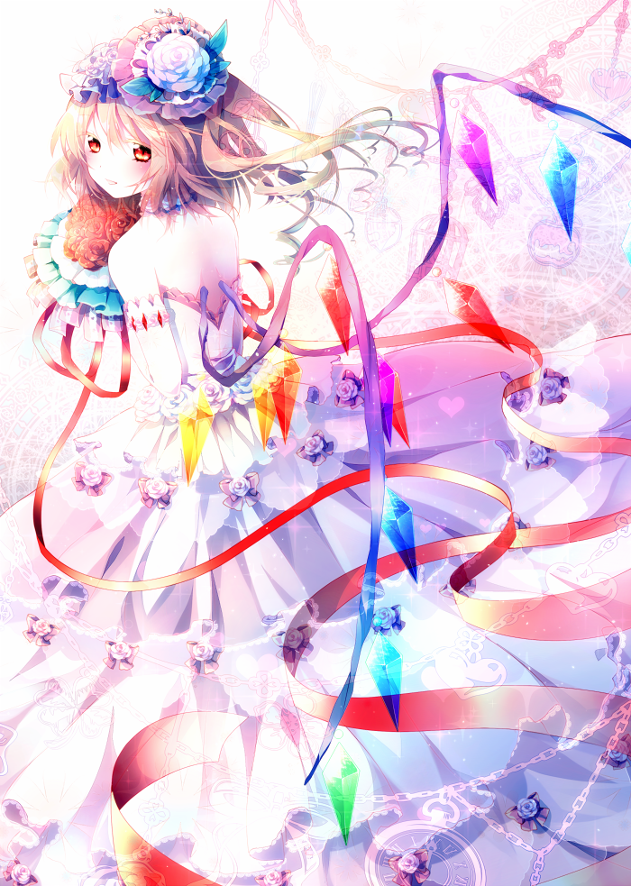 bare_shoulders blonde_hair blush bouquet dress flandre_scarlet flower hat holding red_eyes red_flower red_rose riichu rose side_ponytail smile solo touhou white_dress wings