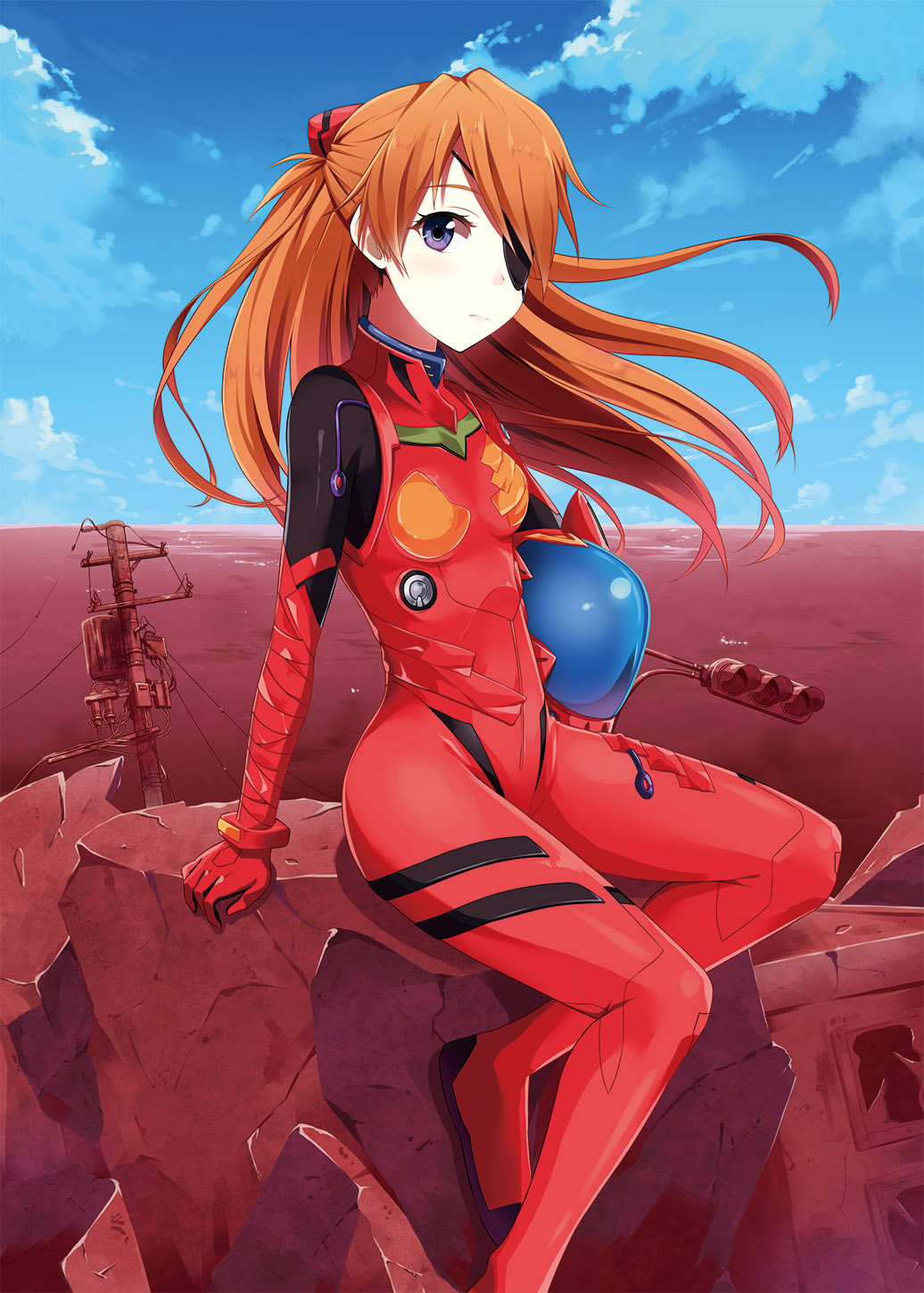 animal_helmet arm_support bad_id bad_pixiv_id bodysuit brown_hair cloud day evangelion:_3.0_you_can_(not)_redo eyepatch helmet highres long_hair looking_at_viewer neon_genesis_evangelion plugsuit power_lines purple_eyes rebuild_of_evangelion red rubble ruins shikinami_asuka_langley sitting sky souryuu_asuka_langley taiyaki_(astre) telephone_pole traffic_light transformer