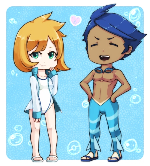 1girl bad_id bad_pixiv_id blue_background blue_hair bubble closed_eyes goggles green_eyes harigiri_(hijiri305) jacket kasumi_(pokemon) one-piece_swimsuit open_mouth orange_hair pokemon pokemon_(game) pokemon_bw2 pokemon_hgss sandals shizui_(pokemon) short_hair simple_background smile swimsuit tan