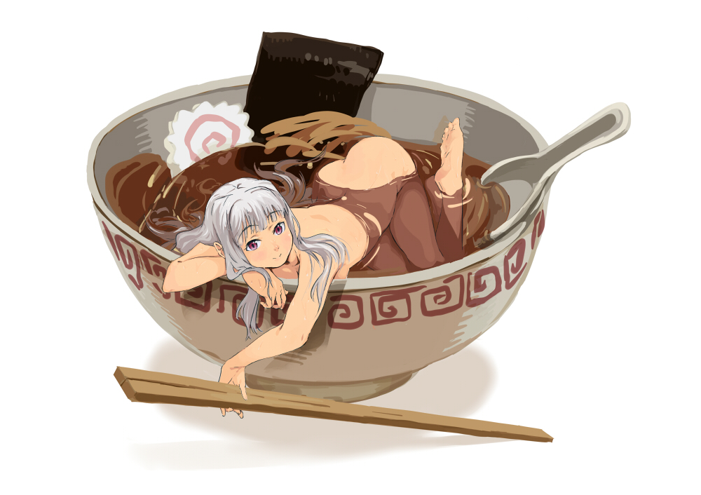 ass barefoot chopsticks feet food geregere_(lantern) idolmaster idolmaster_(classic) in_bowl in_container in_food long_hair meandros minigirl noodles nude oversized_object partially_submerged purple_eyes ramen shijou_takane silver_hair solo