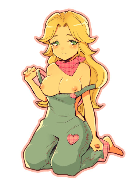 bad_id bad_pixiv_id bare_shoulders blonde_hair blush breasts collarbone green_eyes heart kneeling large_breasts long_hair looking_at_viewer naked_overalls nipples original outline overalls simple_background smile solo white_background zagu_(grape_garden)