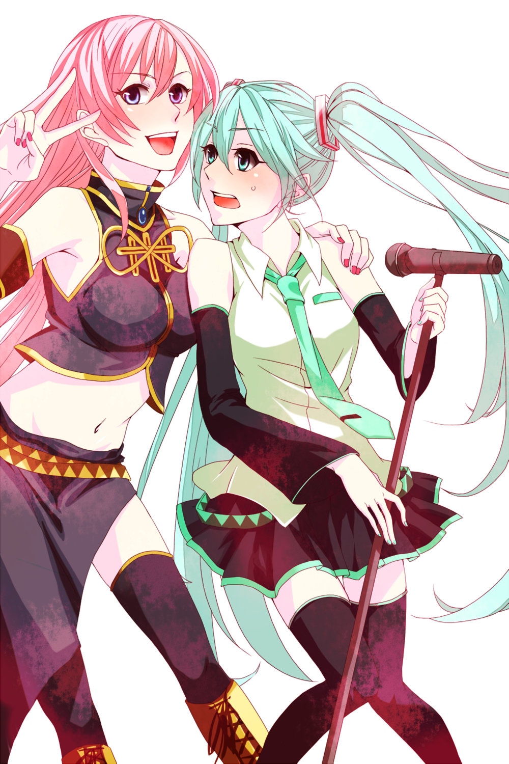 bad_id bad_pixiv_id black_legwear boots cross-laced_footwear detached_sleeves green_eyes green_hair hagitayuu hand_on_shoulder hatsune_miku highres lace-up_boots long_hair megurine_luka microphone microphone_stand midriff multiple_girls nail_polish navel necktie open_mouth pink_hair purple_eyes simple_background smile thighhighs twintails v vocaloid white_background